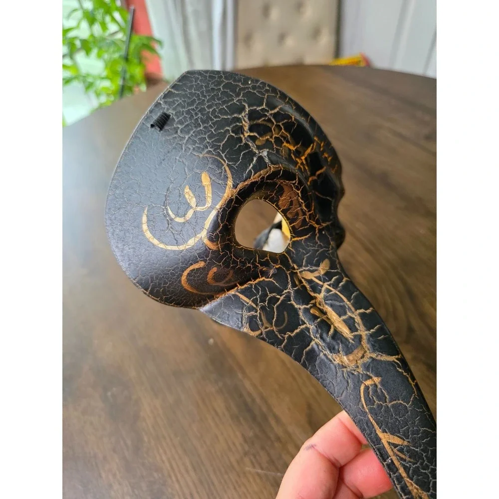 Black & Gold Crackle Plague Doctor Mask With Long Nose & Elastic Strap